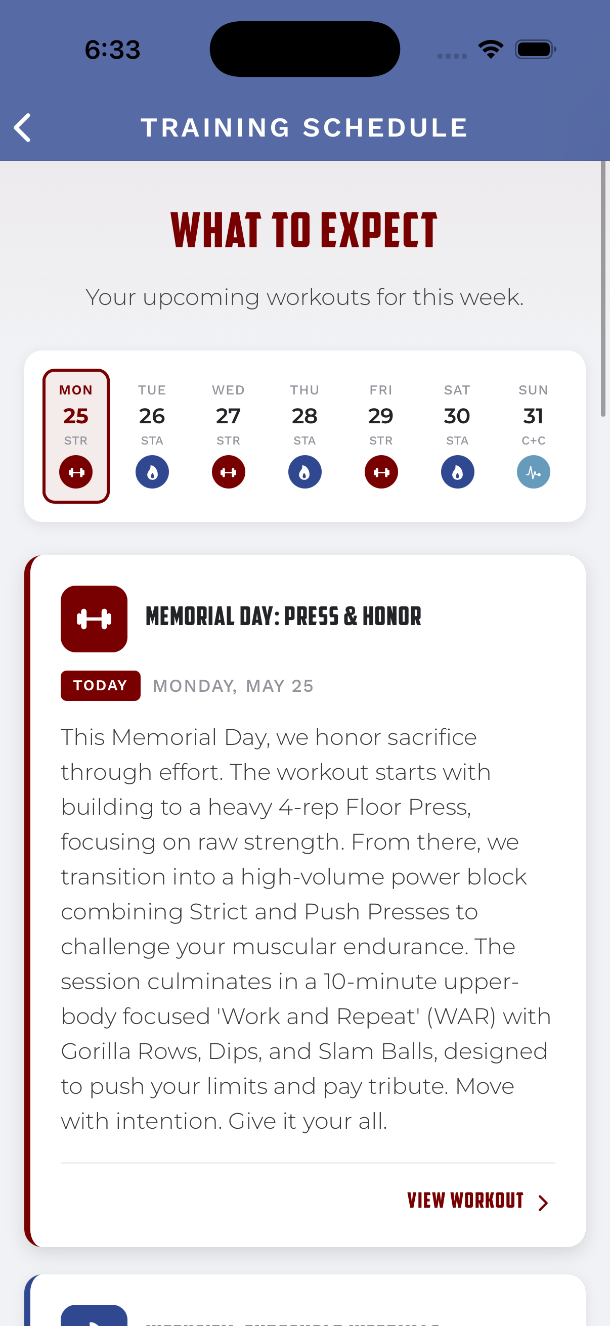Training schedule for the week