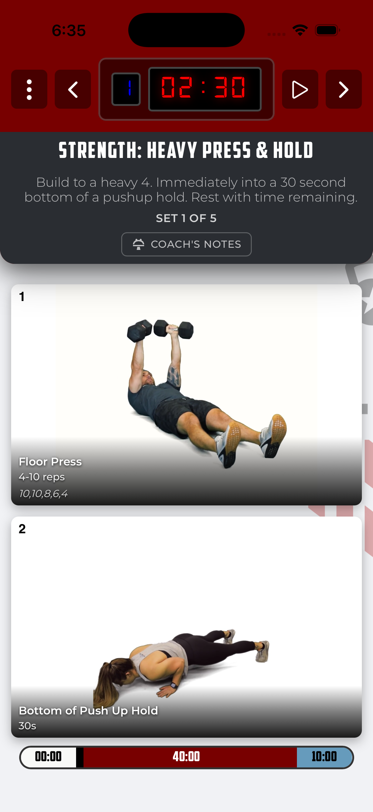 In-workout view with timer and movement cards