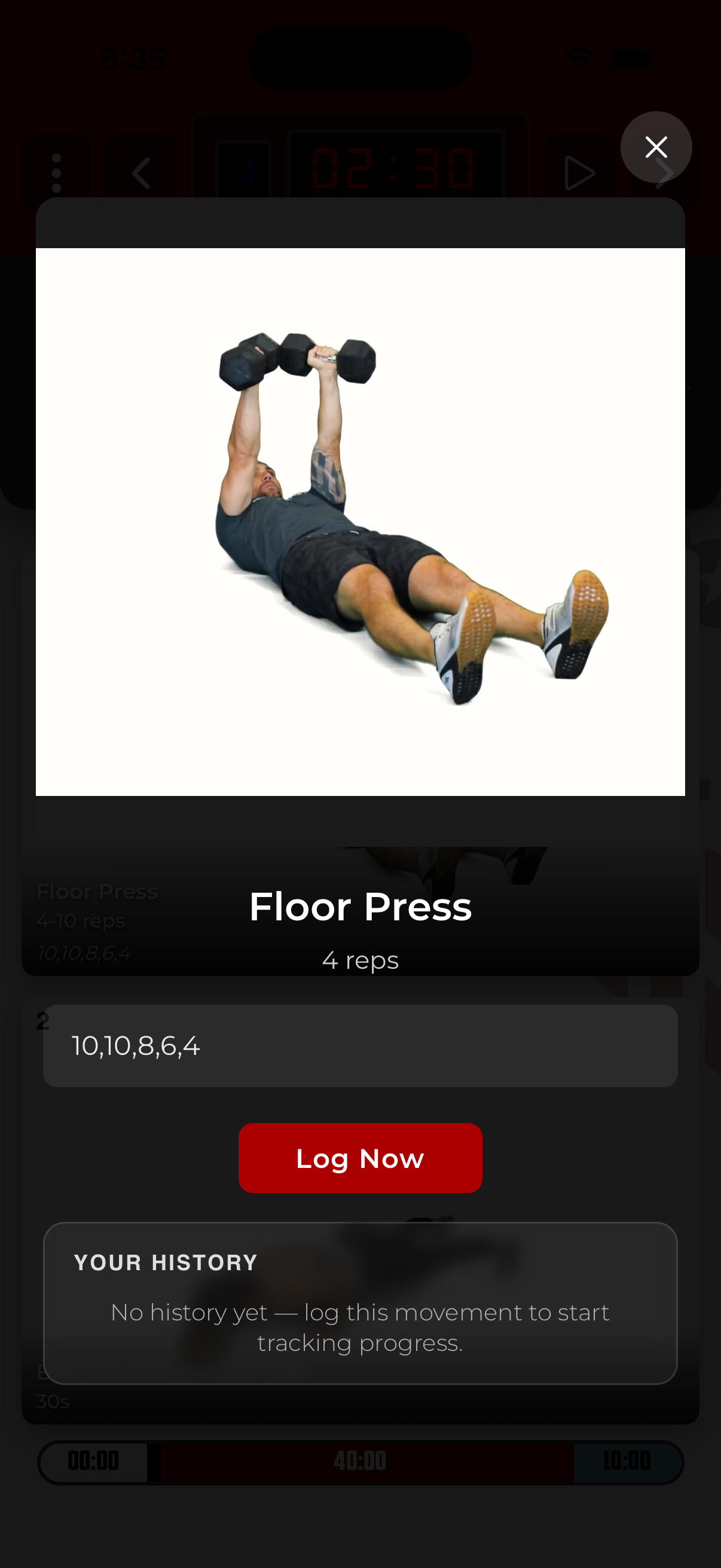 Movement detail with demo image, rep scheme, and Log Now button